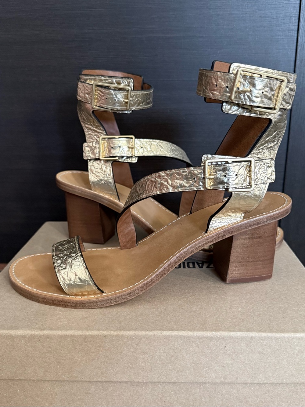 Zadig & Voltaire Metallic Gold Buckle Block Heel Sandals